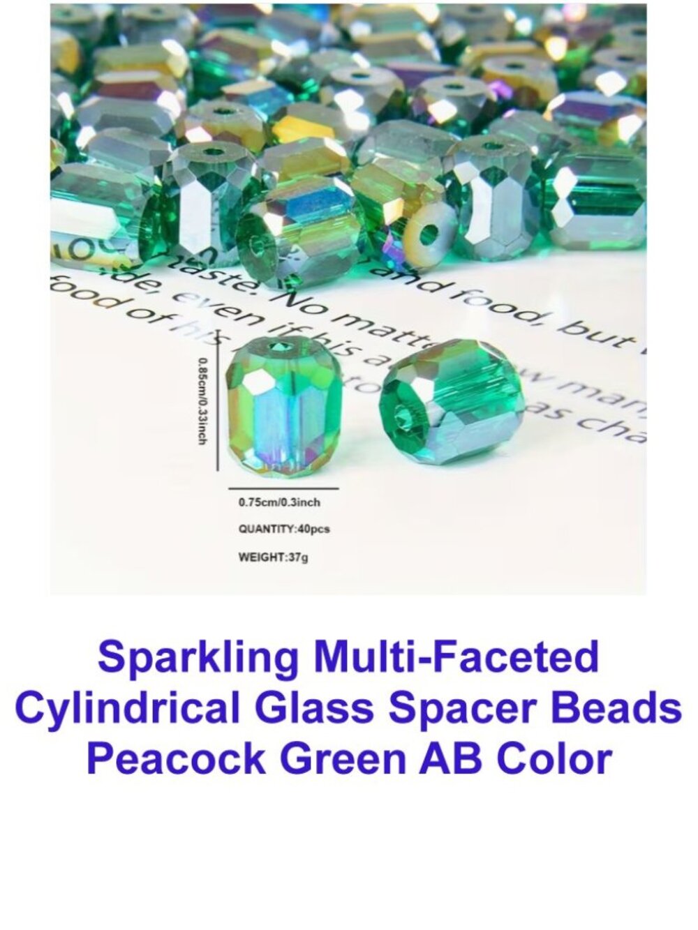 Sparkling Multi-Faceted Cylindrical Glass Spacer Beads Peacock Green AB 40 Beads
